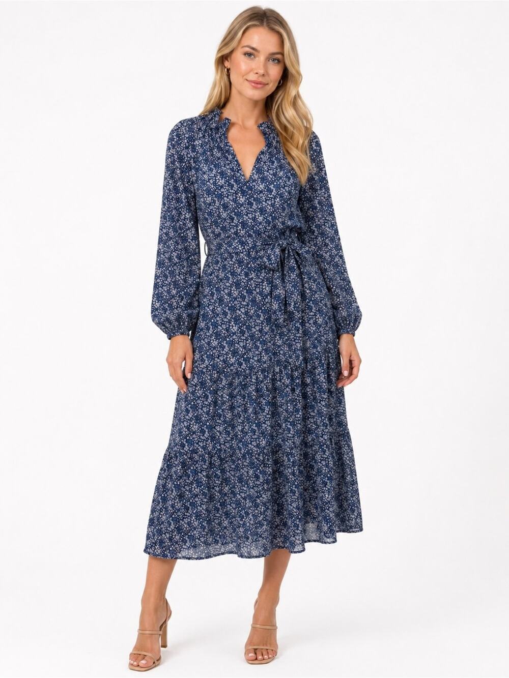 Sara Campbell Tiered Midi Floral Maxi Dress with Belt Small